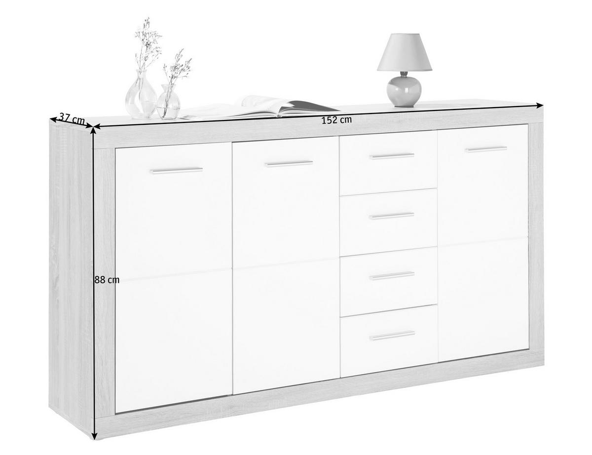 KOMODA, bílá, Sonoma dub, 152/88/37 cm - bílá/barvy stříbra, Design, dřevo/kompozitní dřevo (152/88/37cm) - Xora