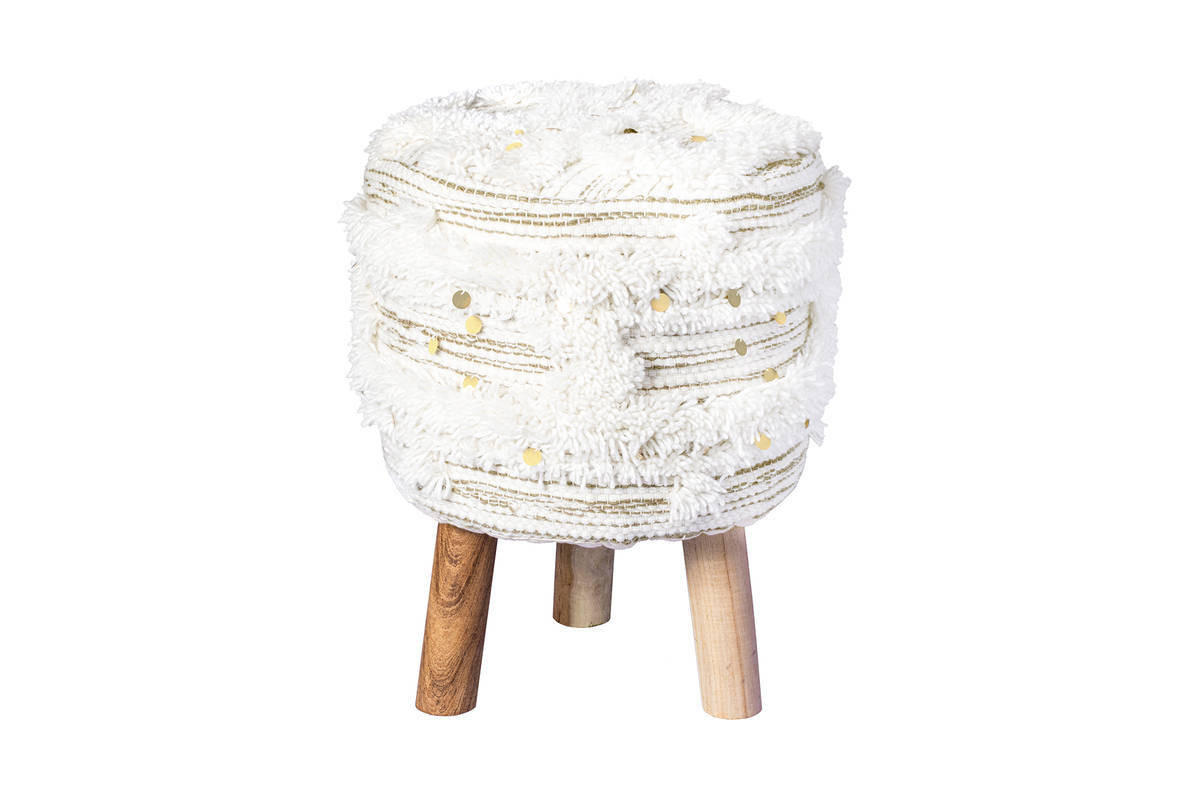 HOCKER Makramee Akazie Creme, Olivgrün - Creme/Olivgrün, Trend, Holz/Textil (38/50/38cm) - Kayoom