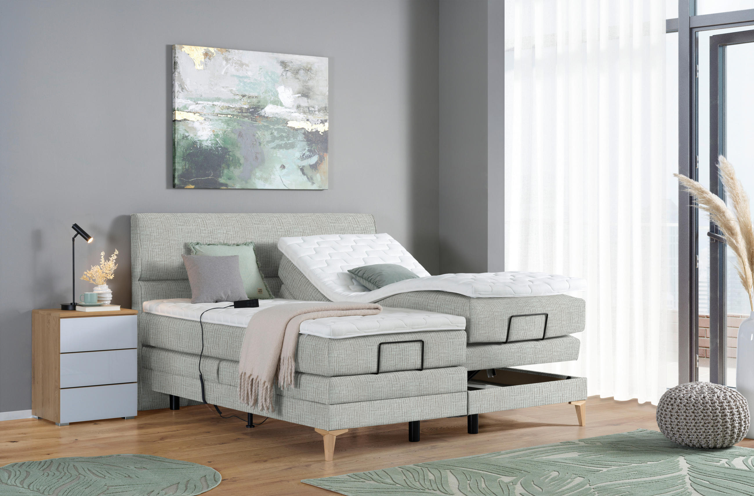 BOXSPRINGBETT 180/200 cm  in Hellgrau  - Eichefarben/Hellgrau, Konventionell, Holz/Textil (180/200cm) - Voleo