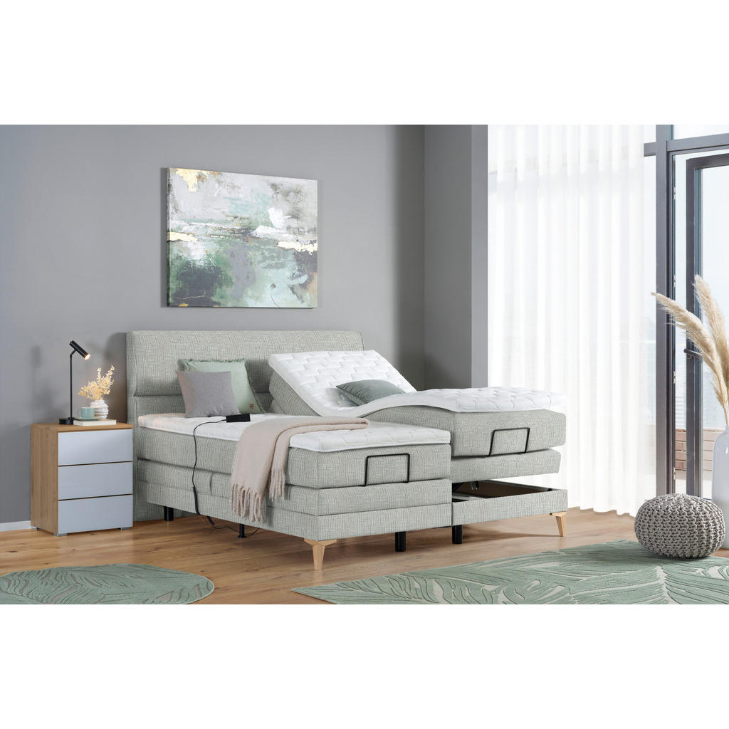 Thumbnail - Voleo Boxspringbett, Hellgrau, Textil, Eiche, massiv, H2 + H3, 7-Zonen, Höhe ca. 19 cm, 160x200 cm, Über- und Sondergröß...