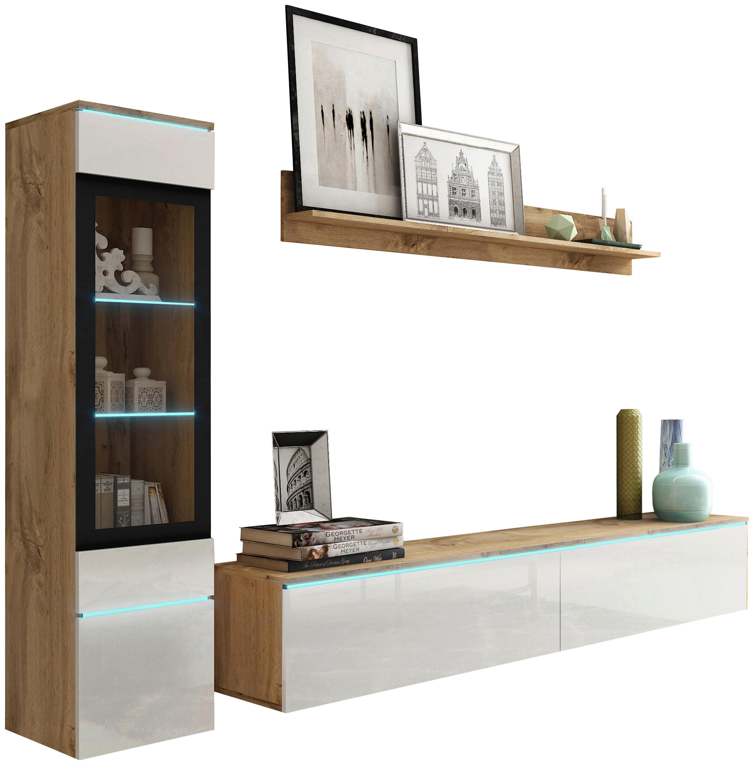 WOHNWAND Vera 3-teilig  in Eiche Wotan, Weiß Hochglanz  210/130/33 cm  - Weiß Hochglanz/Eiche Wotan, LIFESTYLE, Glas/Holzwerkstoff (210/130/33cm) - P & B