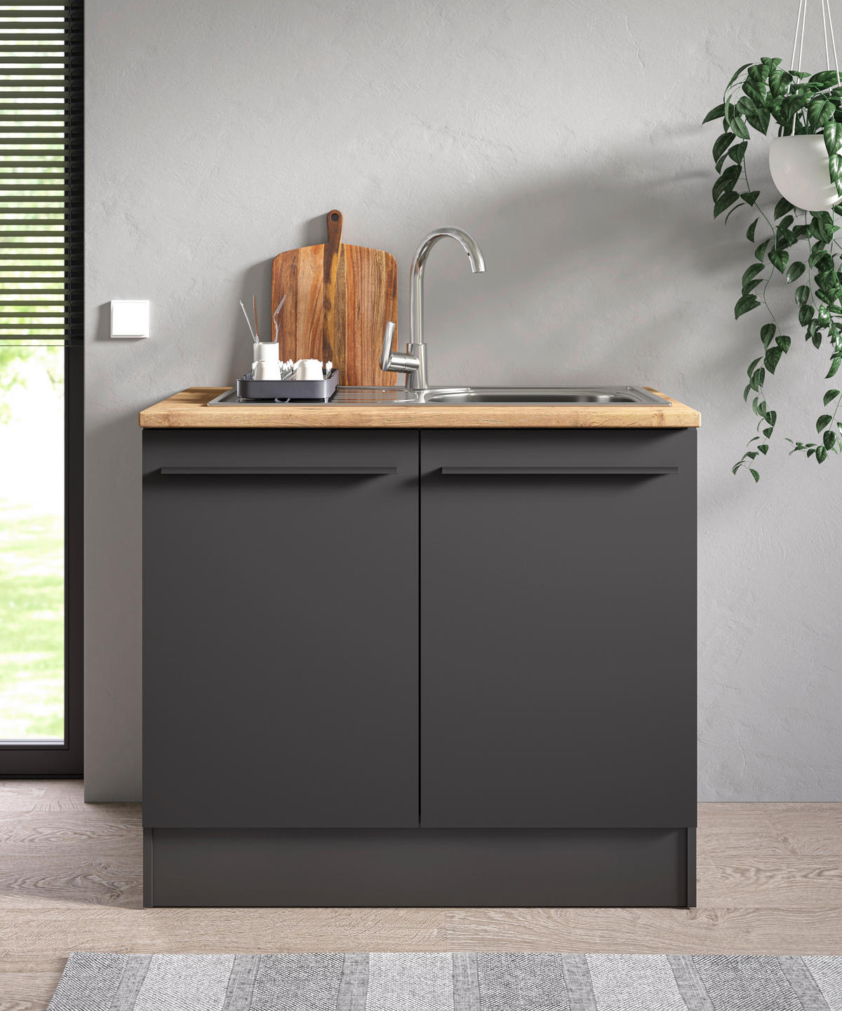 SPÜLENUNTERSCHRANK 100/90/60 cm  in Schwarz  - Eichefarben/Schwarz, Design, Holzwerkstoff/Kunststoff (100/90/60cm) - P & B