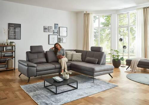 ECKSOFA in Lederlook, Mikrofaser Dunkelgrau  - Dunkelgrau/Schwarz, Design, Textil/Metall (261/220cm) - Beldomo System