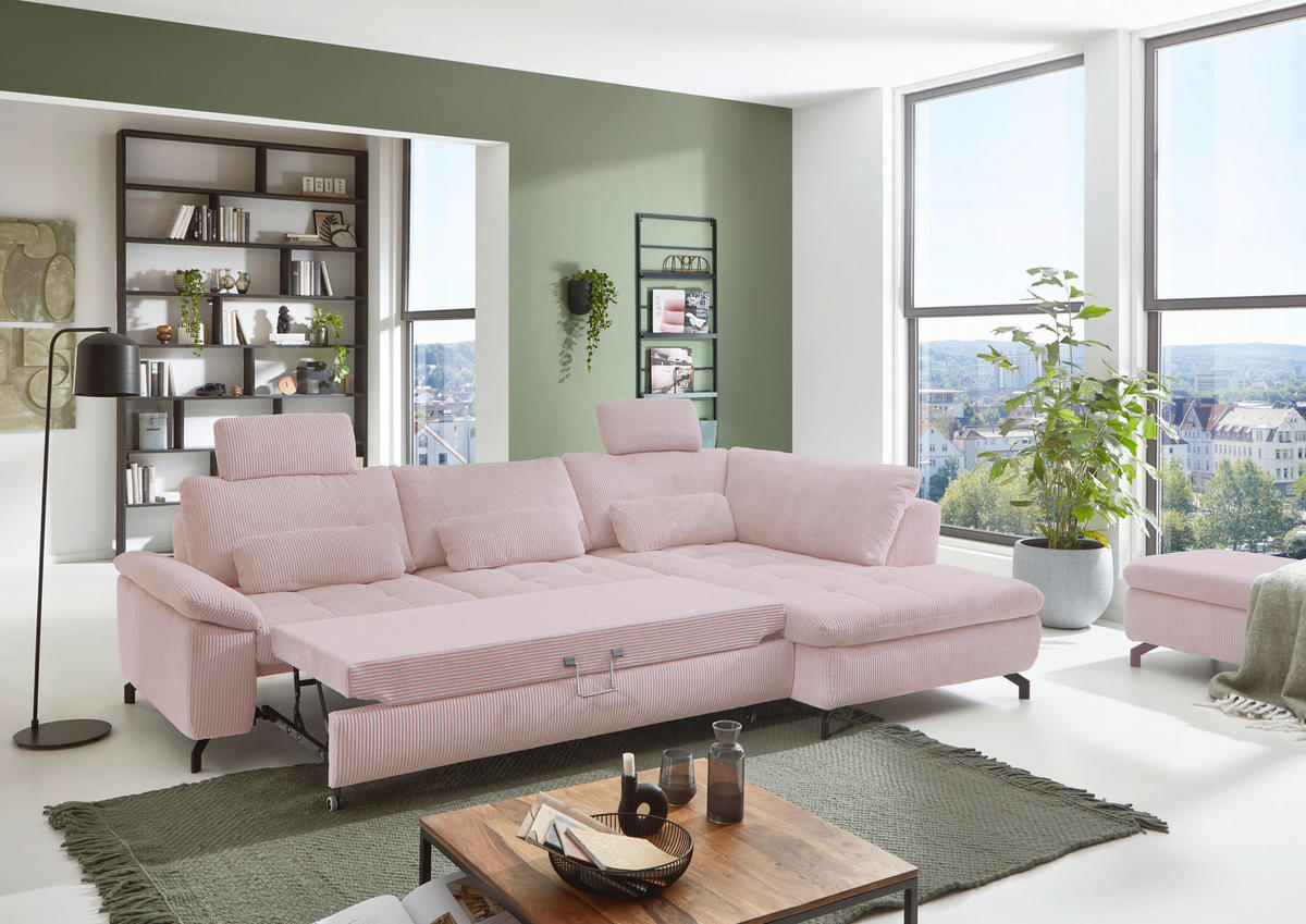 ECKSOFA in Cord, Velours Altrosa  - Schwarz/Altrosa, Design, Textil/Metall (291/197cm) - Beldomo Style