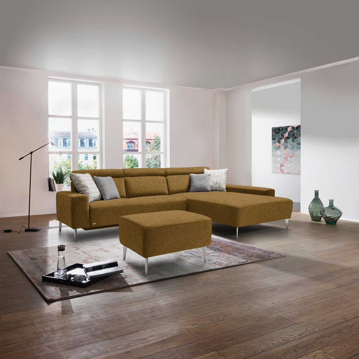 ECKSOFA  in Mikrovelours Senfgelb  308/205 cm  - Senfgelb/Alufarben, Design, Textil (308/205cm) - Sedda