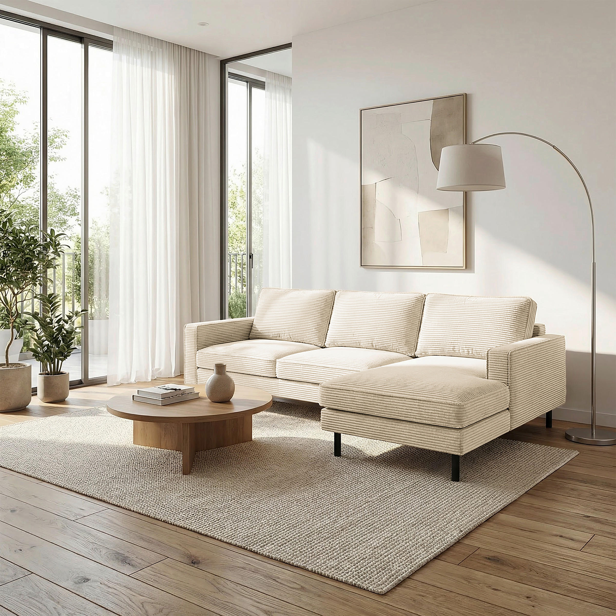 ECKSOFA  in Cord Beige Rücken echt  238/166 cm  - Beige/Schwarz, Design, Textil/Metall (238/166cm) - Livetastic
