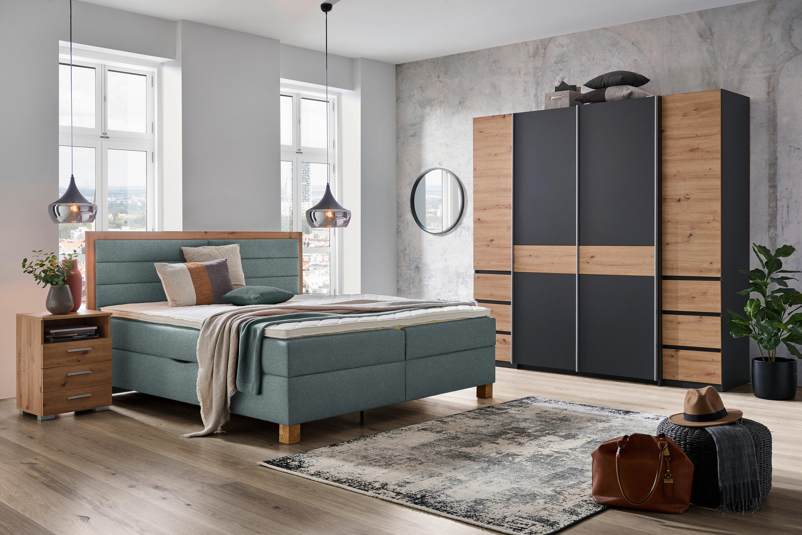 BOXBETT 180/200 cm  in Hellblau, Eiche Artisan  - Eiche Artisan/Hellblau, KONVENTIONELL, Holz/Textil (180/200cm) - Carryhome