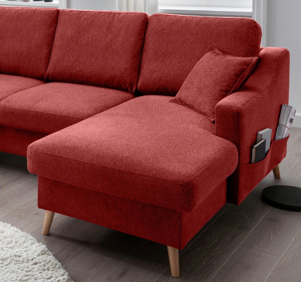 WOHNLANDSCHAFT in Chenille Rot  - Rot/Naturfarben, Konventionell, Holz/Textil (200/301/150cm) - Livetastic