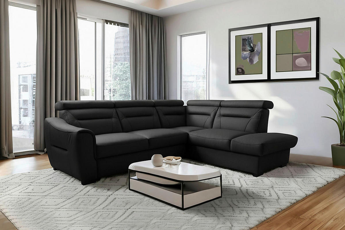 ECKSOFA Schwarz Echtleder Lederlook Bettkasten, Schlaffunktion, Rücken echt, Kopfteilverstellung  - Wengefarben/Schwarz, Design, Leder/Holz (260/212cm) - Celina Home
