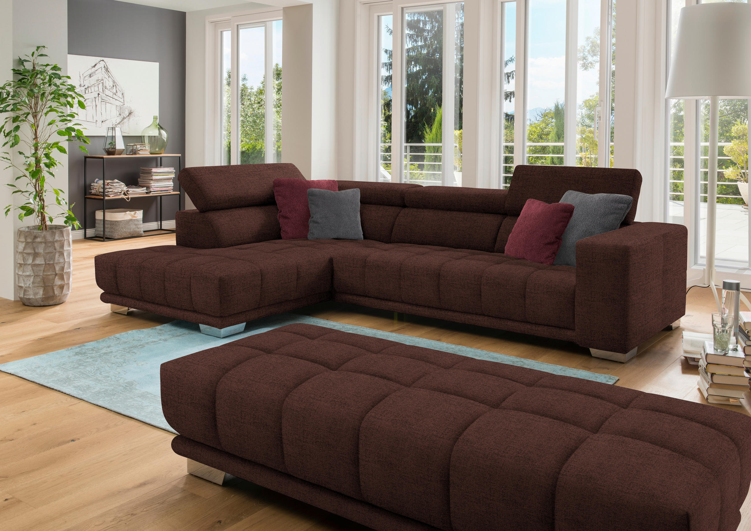 ECKSOFA in Chenille Rotbraun  - Chromfarben/Rotbraun, Design, Textil (207/301cm) - Xora