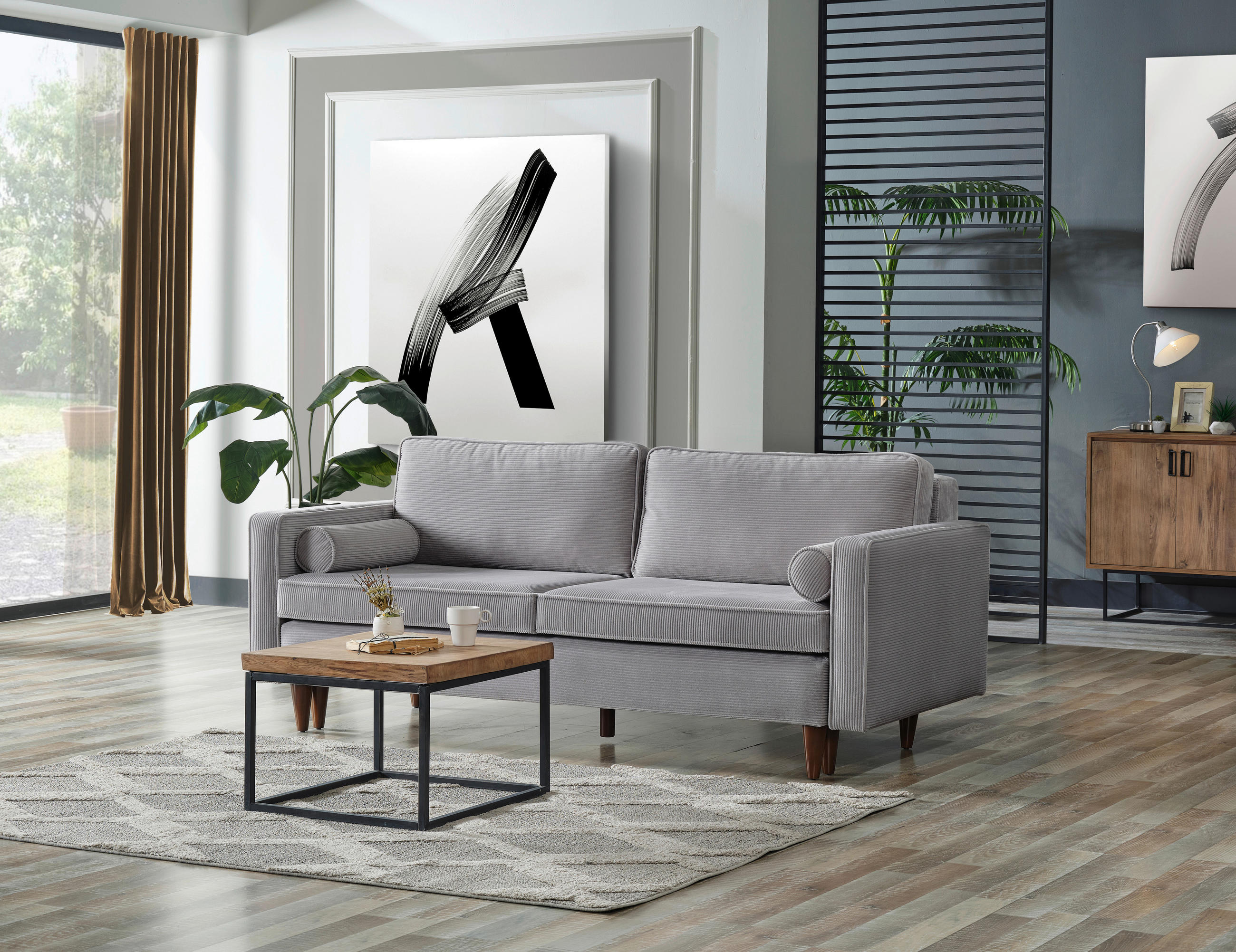SCHLAFSOFA Cord Grau  - Buchefarben/Grau, Design, Holz/Textil (208/78/96cm) - Livetastic
