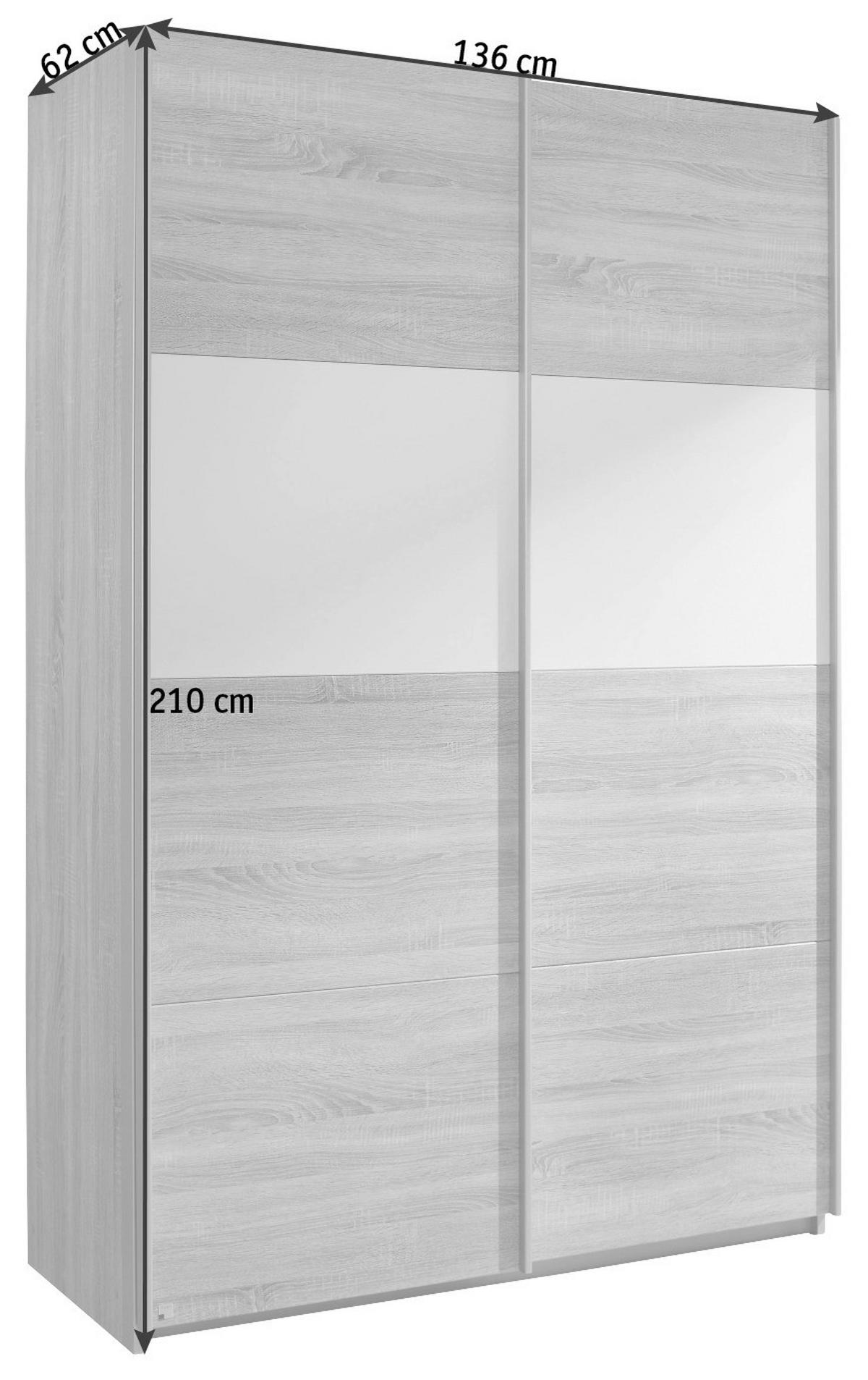 SCHWEBETÜRENSCHRANK 136/210/62 cm 2-türig Weiß, Sonoma Eiche  - Alufarben/Weiß, Basics, Holzwerkstoff/Metall (136/210/62cm) - Carryhome