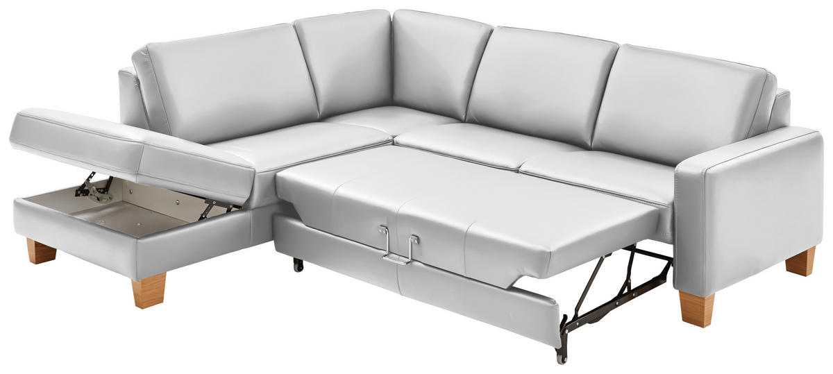ECKSOFA in Echtleder Weiss  - Eiche Bianco/Weiss, Natur, Leder/Holz (235/257cm) - Valdera