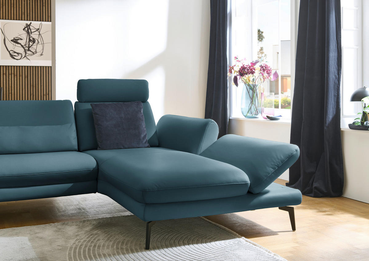 ECKSOFA in Echtleder Blau  - Blau/Schwarz, Design, Leder/Metall (308/195cm) - Dieter Knoll