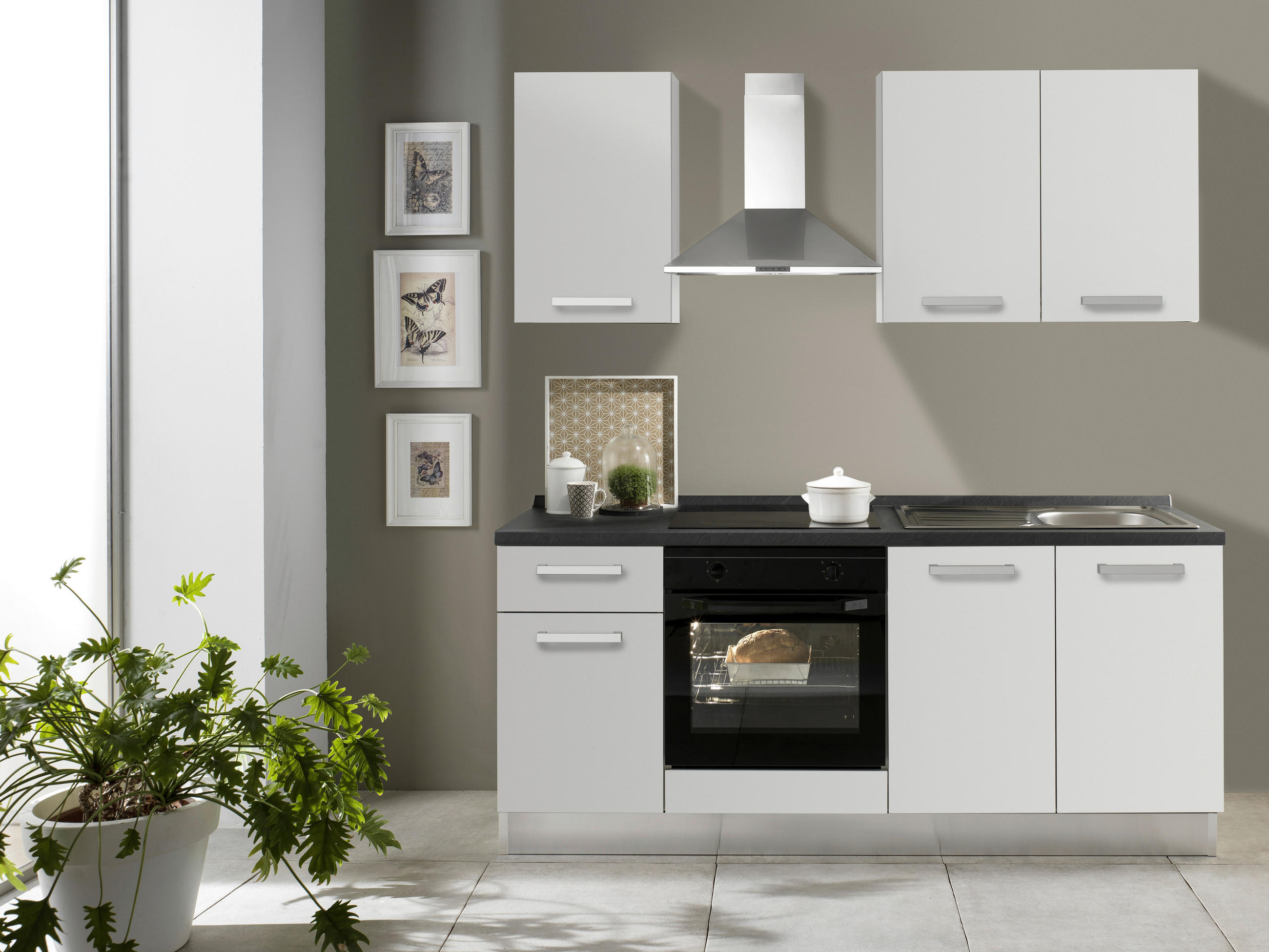 KÜCHENBLOCK 195 cm   in Weiß  - Dunkelgrau/Alufarben, Basics, Holzwerkstoff/Kunststoff (195cm) - MID.YOU