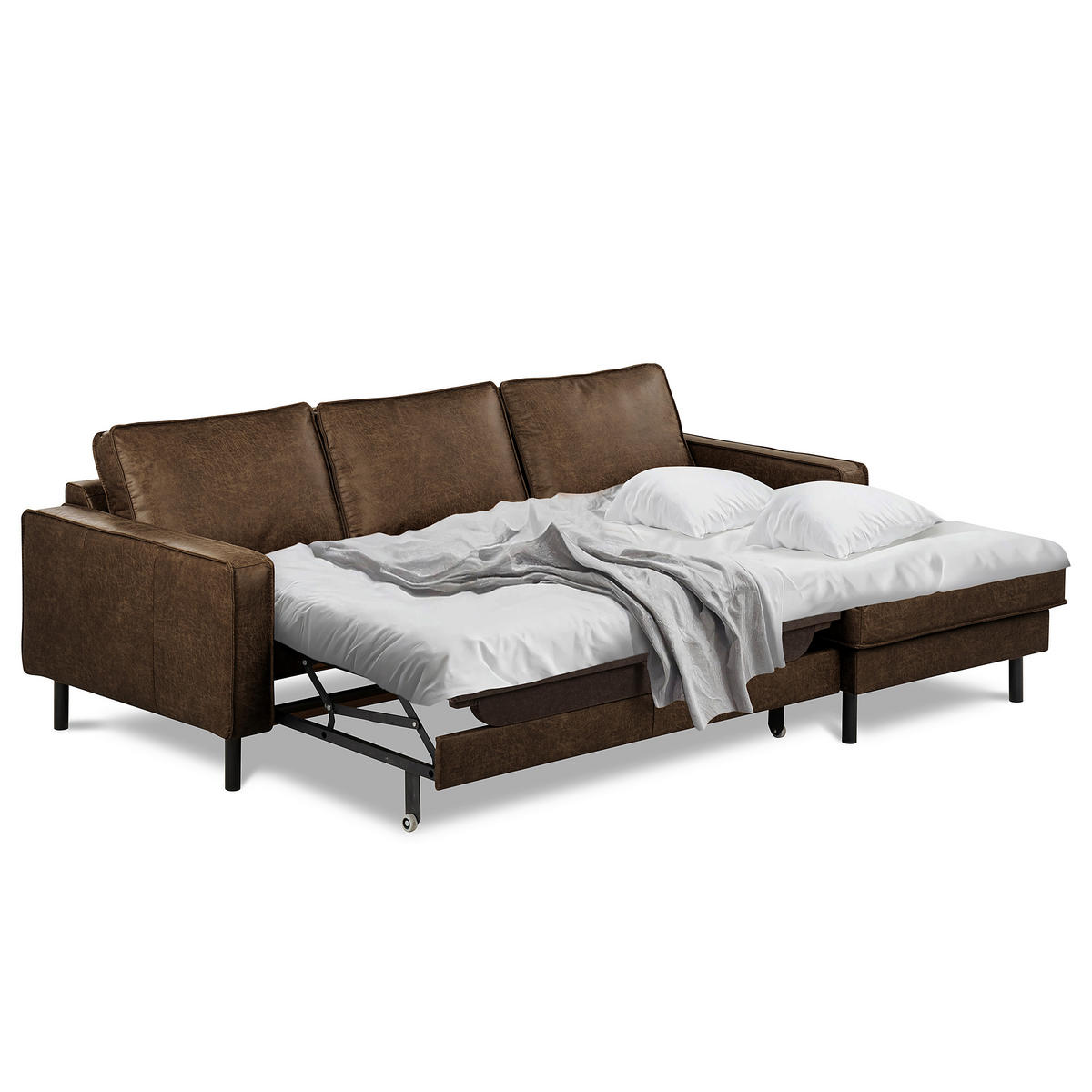ECKSOFA Dunkelbraun Echtleder Lederlook Bettkasten, Schlaffunktion, Rücken echt  - Dunkelbraun/Schwarz, Design, Leder/Textil (166/238cm) - Livetastic