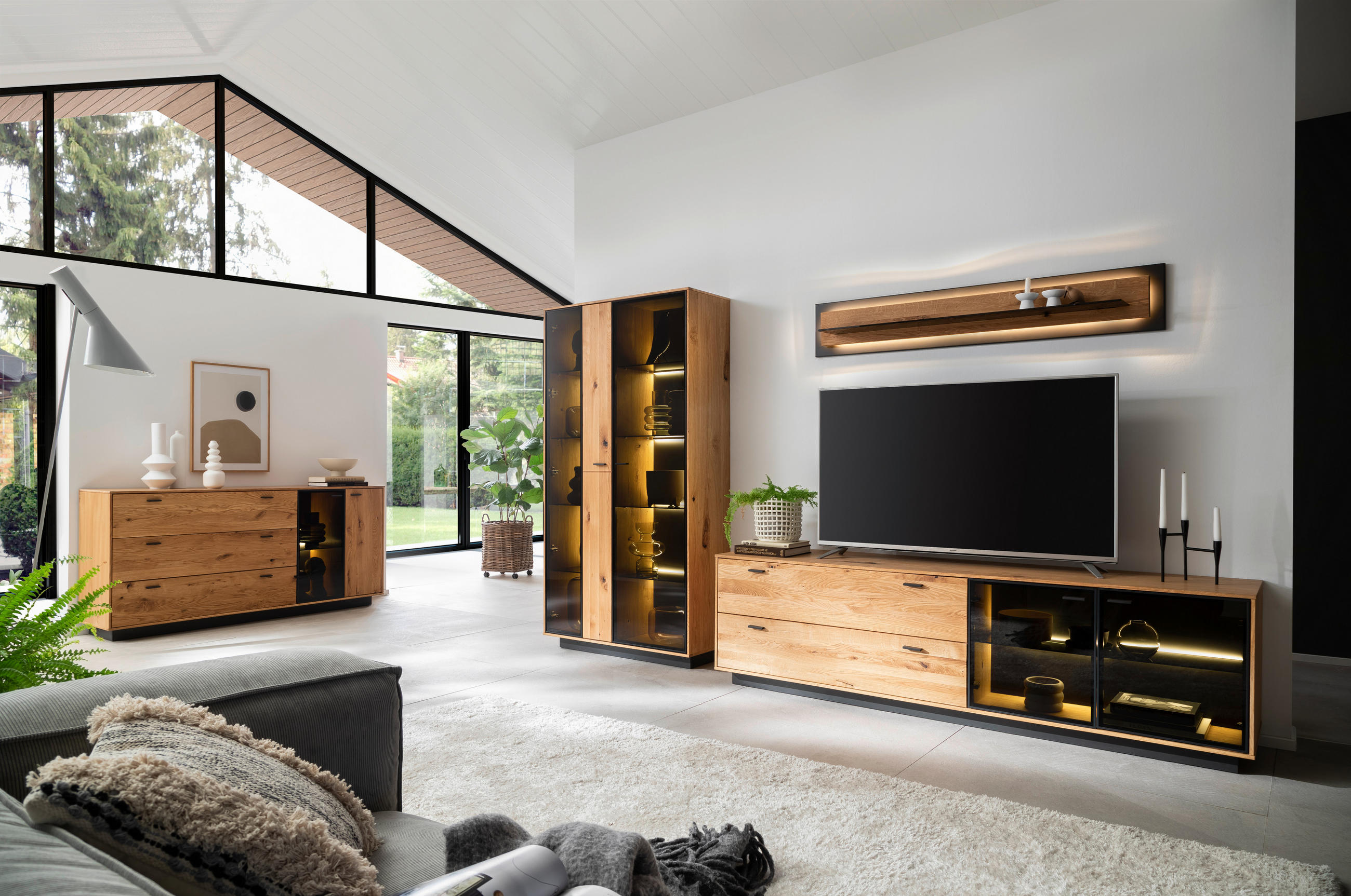 WOHNWAND  in Anthrazit, Eichefarben  319/190/50 cm  - Eichefarben/Anthrazit, Natur, Glas/Holz (319/190/50cm) - Linea Natura