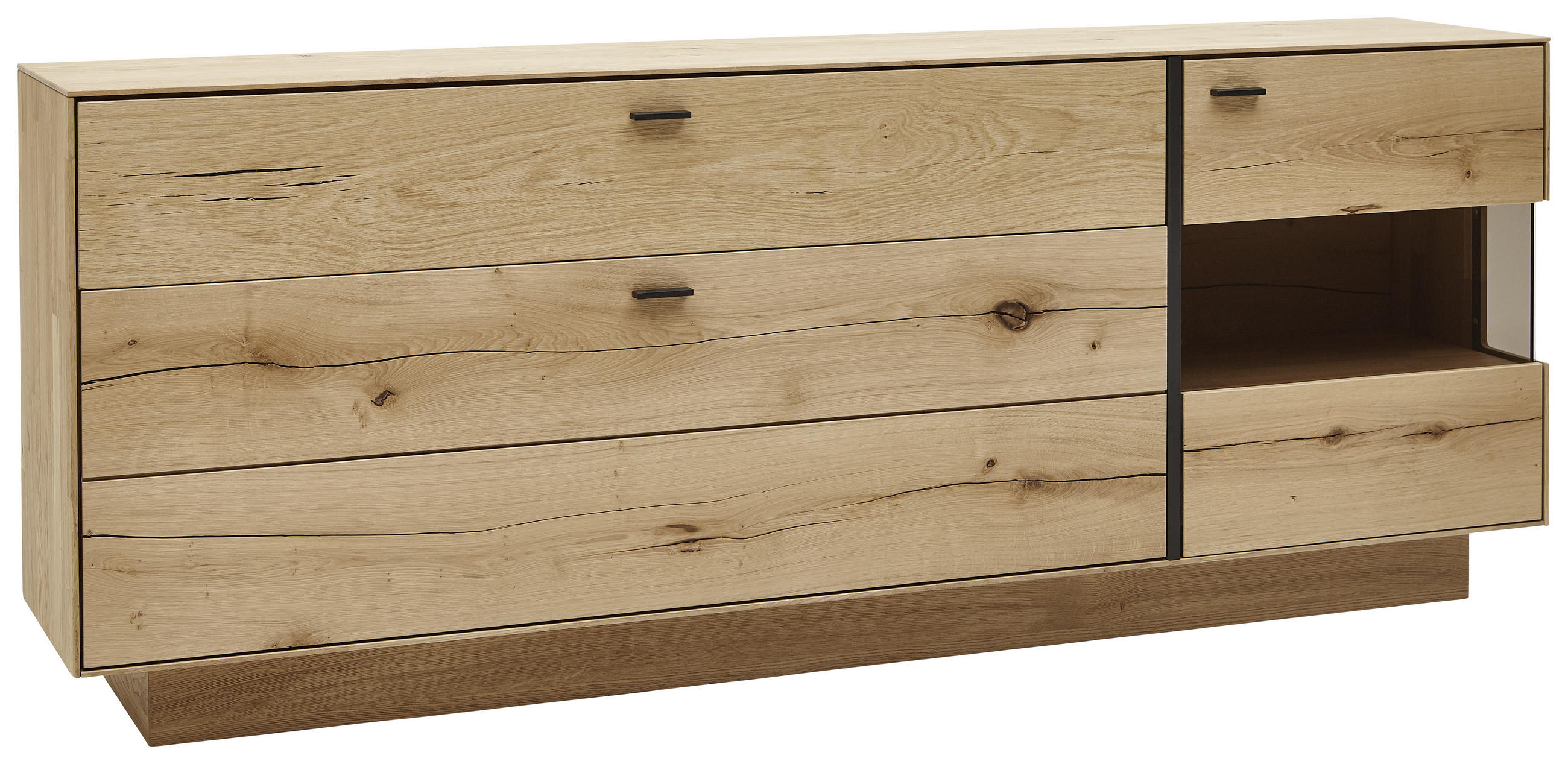 SIDEBOARD Wildeiche, Balkeneiche massiv Eichefarben Einlegeböden - Eichefarben/Schwarz, Design, Glas/Holz (201,9/79,9/41,1cm) - Valnatura