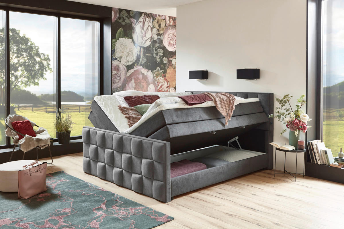 BOXSPRINGBETT 180/200 cm  in Grau  - Grau, MODERN, Kunststoff/Textil (180/200cm) - MID.YOU