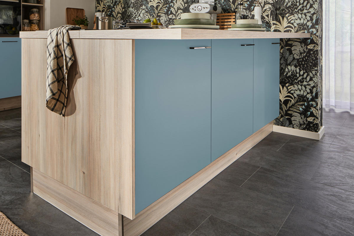 ECKKÜCHE  in Pastellblau, Tannenholzfarben  - Pastellblau/Tannenholzfarben, Design, Holzwerkstoff/Metall (121,6/280/150cm) - Xora