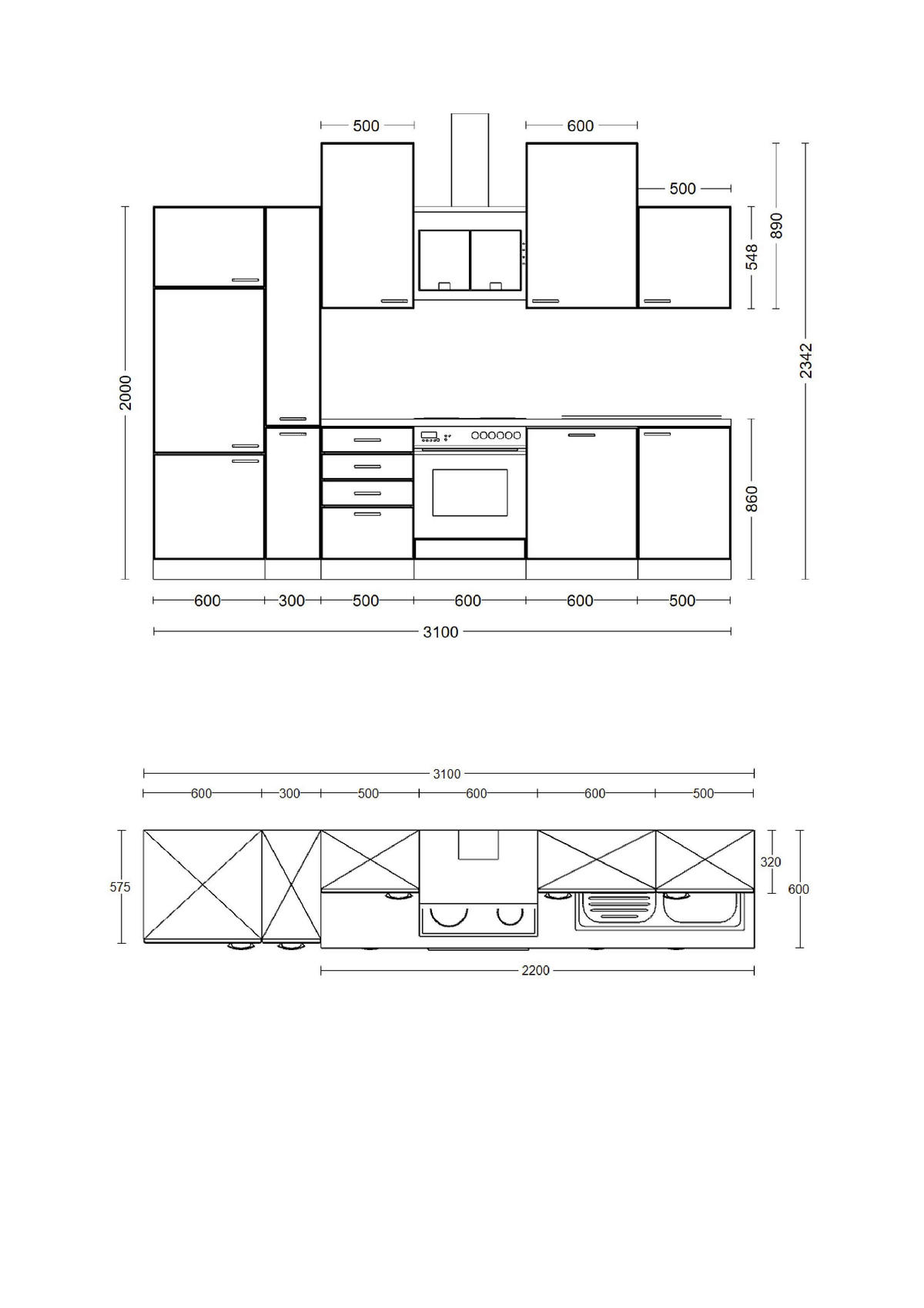KÜCHENBLOCK 310 cm   in Sonoma Eiche, Weiß Hochglanz  - Edelstahlfarben/Weiß Hochglanz, Basics, Holzwerkstoff/Metall (310cm) - FlexWell