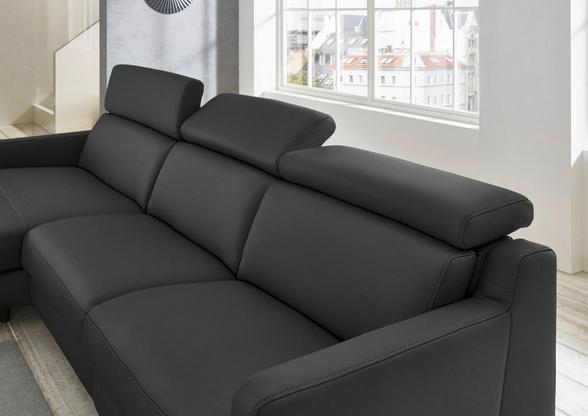 ECKSOFA in Echtleder Anthrazit  - Anthrazit/Schwarz, Design, Leder/Metall (176/291cm) - Valdera