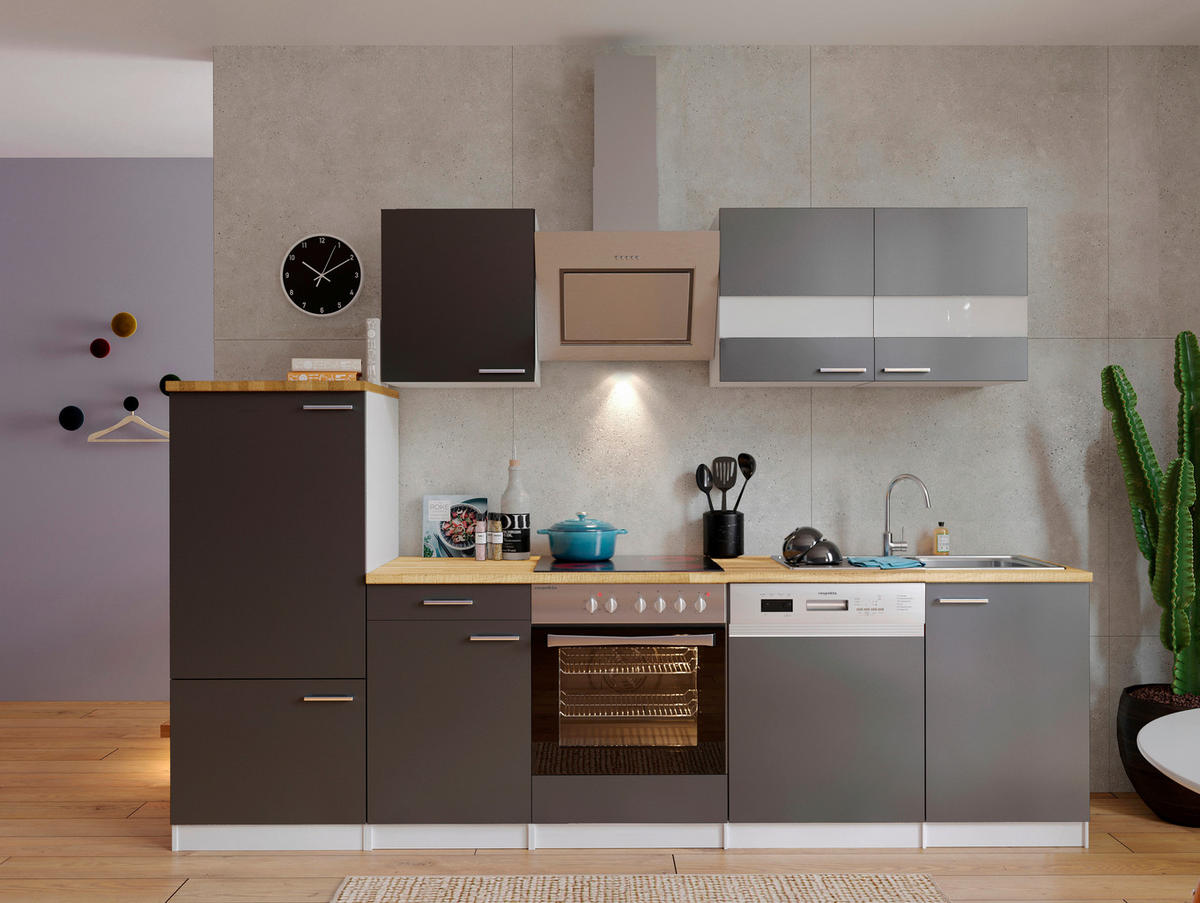 KÜCHENBLOCK 280 cm   in Grau  - Edelstahlfarben/Nussbaumfarben, Basics, Holzwerkstoff/Metall (280cm) - Respekta