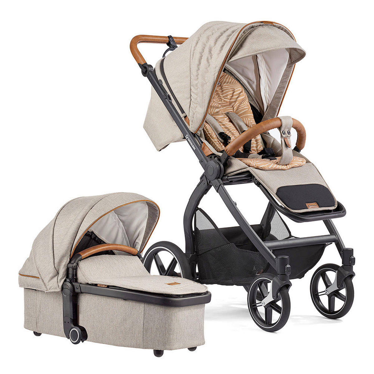 KOMBIKINDERWAGEN  FX4 Swing Set mit Handbremse  Almond meliert-Cognac-Zebra Cognac  - Cognac/Graubraun, Basics, Textil (100/55/130cm) - Gesslein