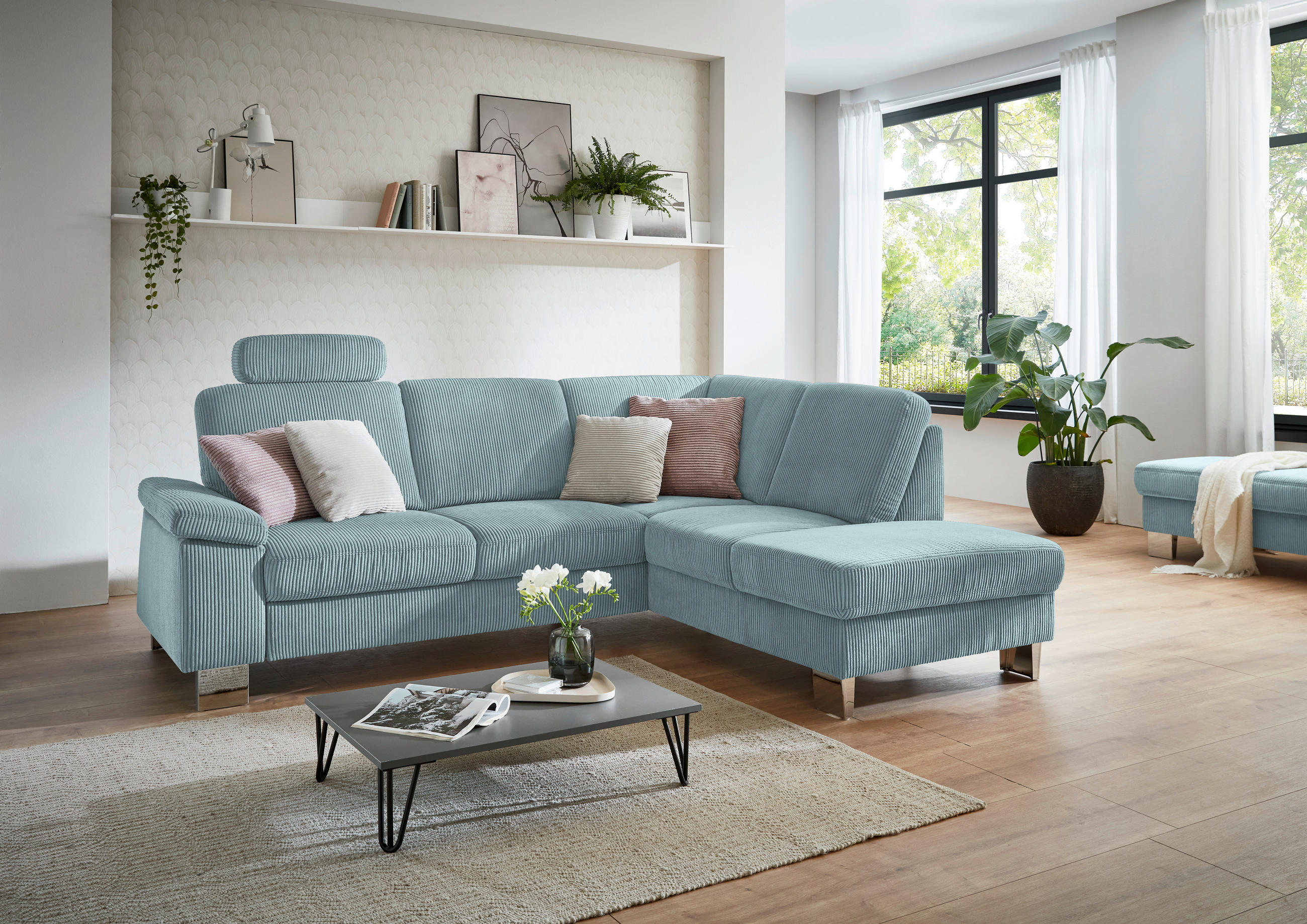 ECKSOFA in Cord Hellblau  - Edelstahlfarben/Hellblau, Konventionell, Textil/Metall (248/200cm) - Beldomo System