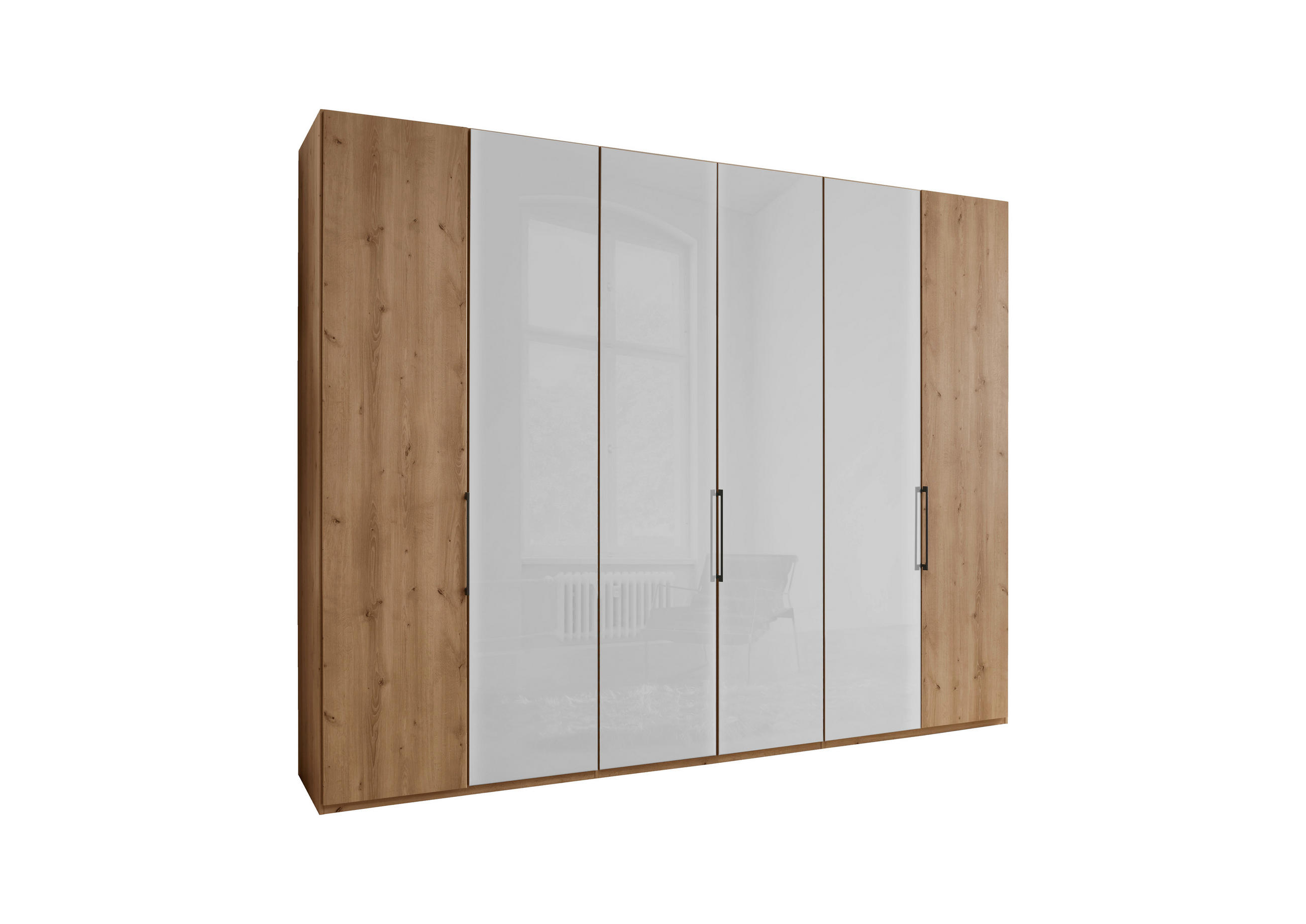FALTTÜRENSCHRANK 300/236/58 cm 3-türig Weiß, Eiche Bianco  - Schieferfarben/Eiche Bianco, KONVENTIONELL, Glas/Holzwerkstoff (300/236/58cm) - Dieter Knoll