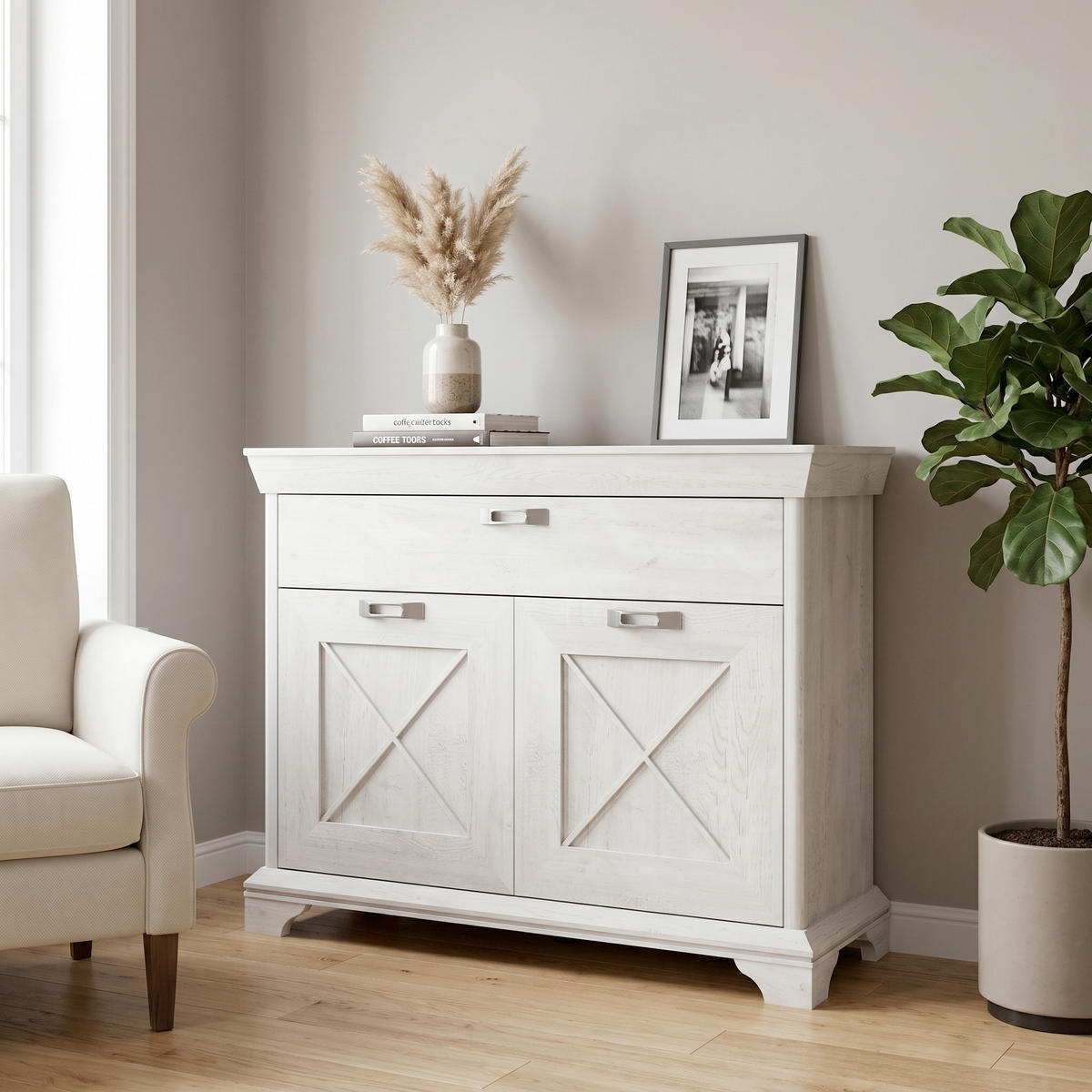 SIDEBOARD  123,3/95,9/48,2 cm 1 Schublade(n)  - Silberfarben/Weiß, ROMANTIK / LANDHAUS, Holzwerkstoff/Kunststoff (123,3/95,9/48,2cm) - MID.YOU