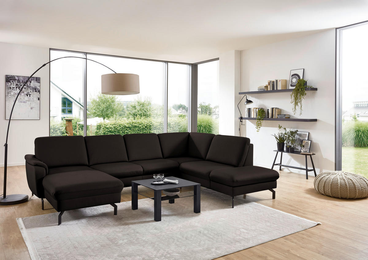 WOHNLANDSCHAFT Echtleder Schwarzbraun  - Schwarzbraun/Schwarz, Konventionell, Leder/Metall (168/306/224cm) - Beldomo Premium