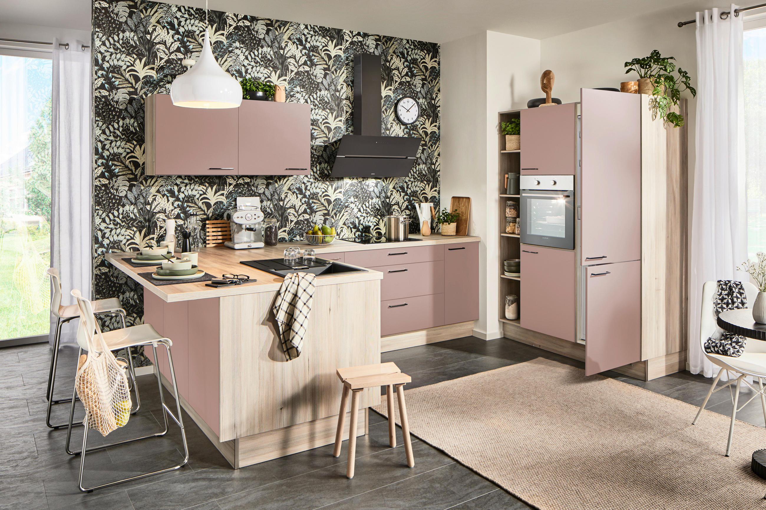 ECKKÜCHE  in Rosa, Tannenholzfarben  - Tannenholzfarben/Schwarz, Design, Holzwerkstoff/Metall (121,6/280/150cm) - Xora