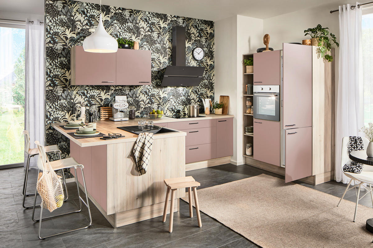 ECKKÜCHE  in Rosa, Tannenholzfarben  - Tannenholzfarben/Schwarz, Design, Holzwerkstoff/Metall (121,6/280/150cm) - Xora