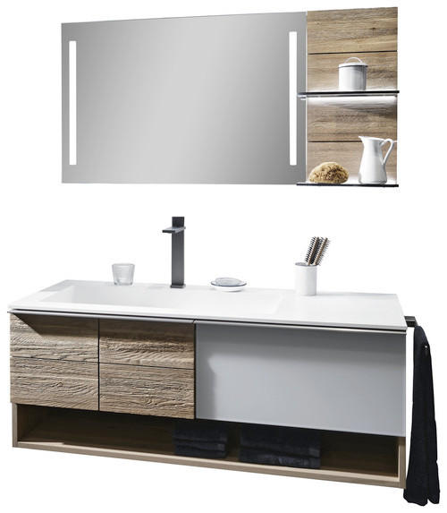 BADEZIMMER  in 128,4 cm  - Weiss/Eichefarben, Modern, Glas/Holz (128,4cm) - Voglauer