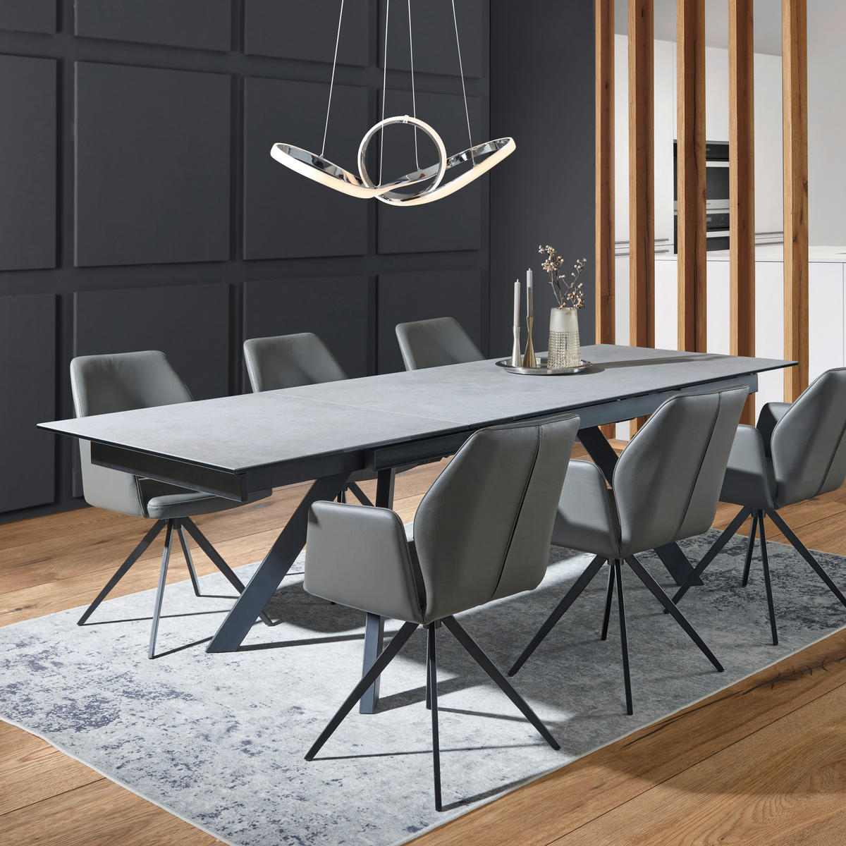 ESSTISCH in Metall, Glas, Keramik 180-260/95/76 cm   - Schwarz/Grau, Design, Glas/Keramik (180-260/95/76cm) - Novel