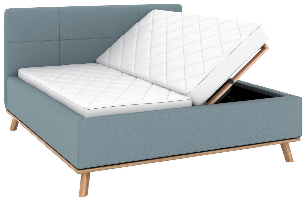 POLSTERBETT Matratze, Lattenrost, Bettkasten 180/200 cm  in Blau  - Blau/Eichefarben, Design, Holz/Textil (180/200cm) - Musterring