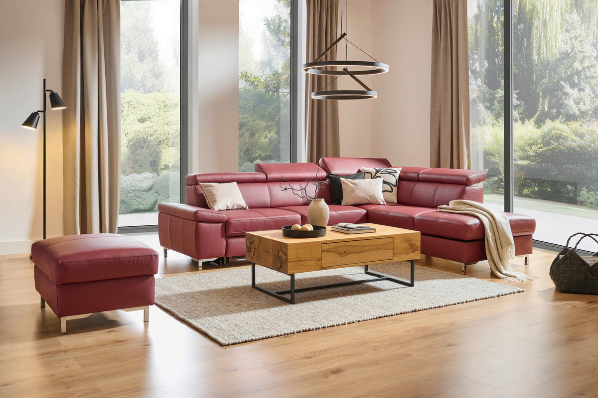 ECKSOFA in Echtleder Bordeaux  268/213 cm  - Chromfarben/Bordeaux, Design, Leder/Metall (268/213cm) - Stylife
