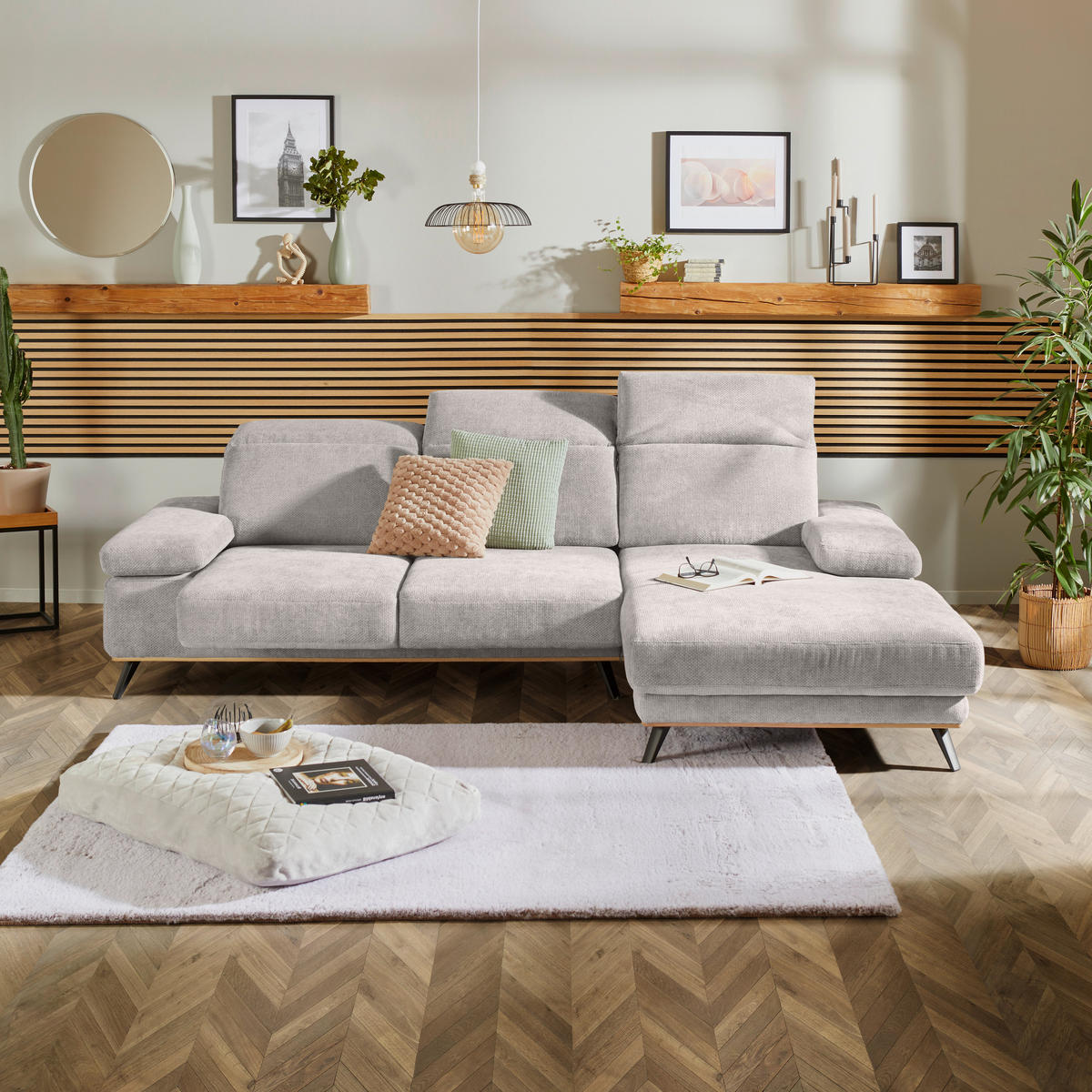 ECKSOFA ROYCE Perlmutt Struktur  - Perlmutt/Schwarz, MODERN, Textil/Metall (283/194cm) - MID.YOU