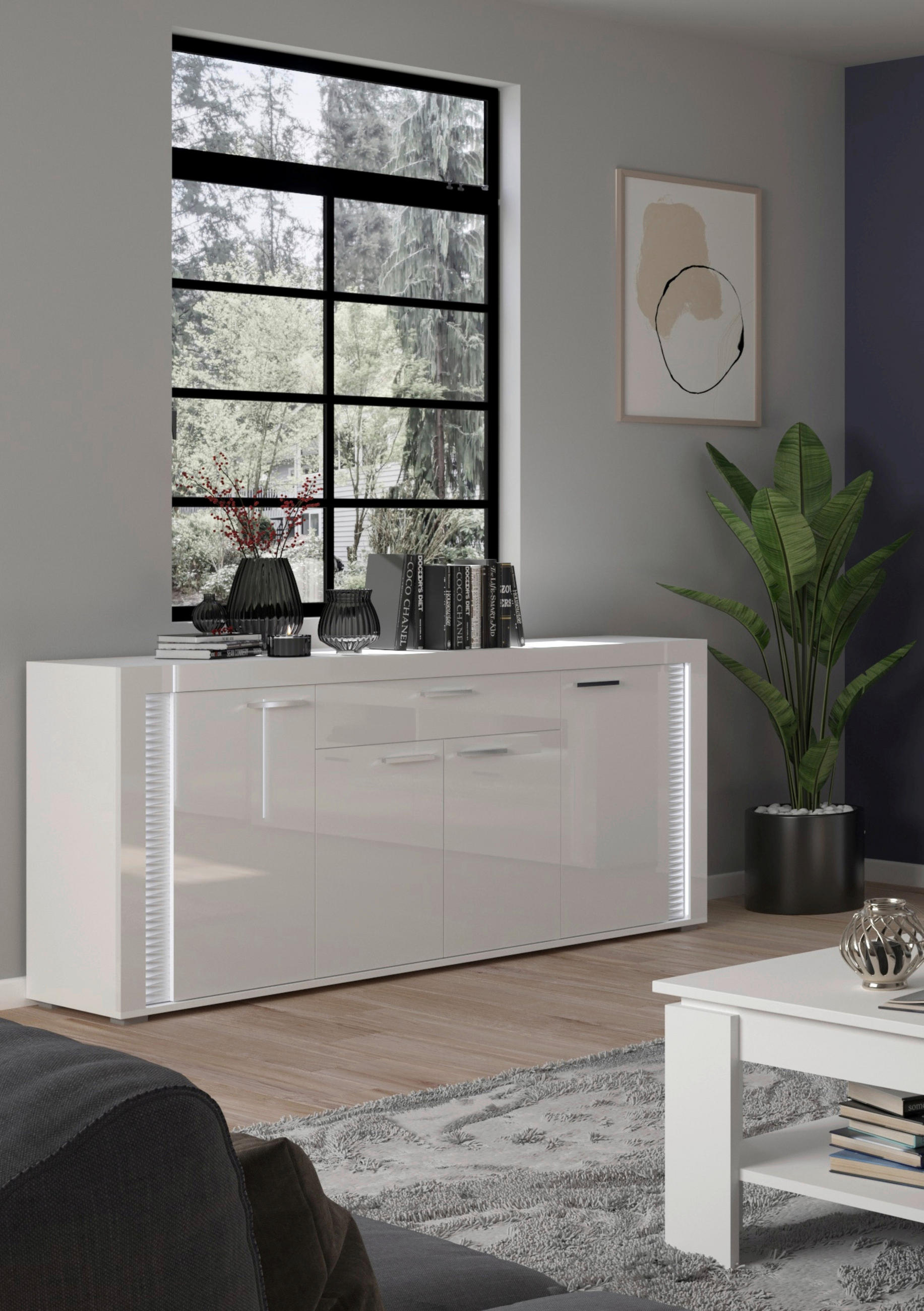 SIDEBOARD  in 182/84/42 cm  - Weiß Hochglanz/Silberfarben, Design, Holzwerkstoff/Kunststoff (182/84/42cm) - MID.YOU