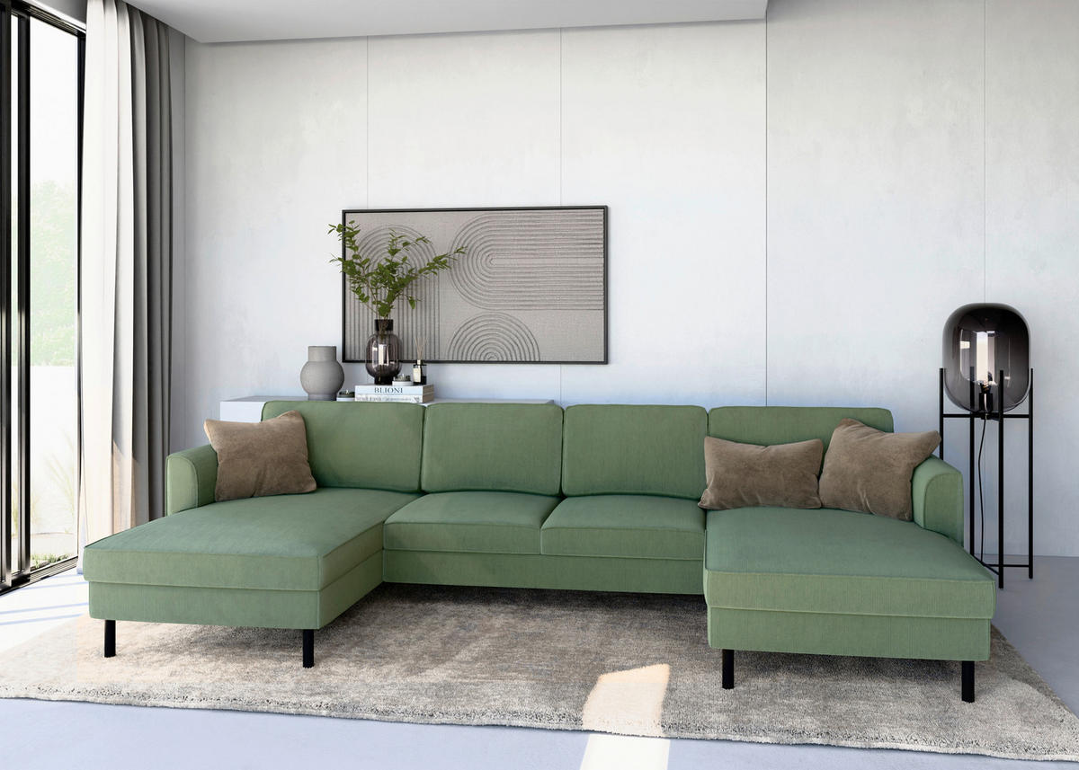 WOHNLANDSCHAFT Grün Cord  - Schwarz/Grün, MODERN, Textil/Metall (161/306/161cm) - Trendmanufaktur