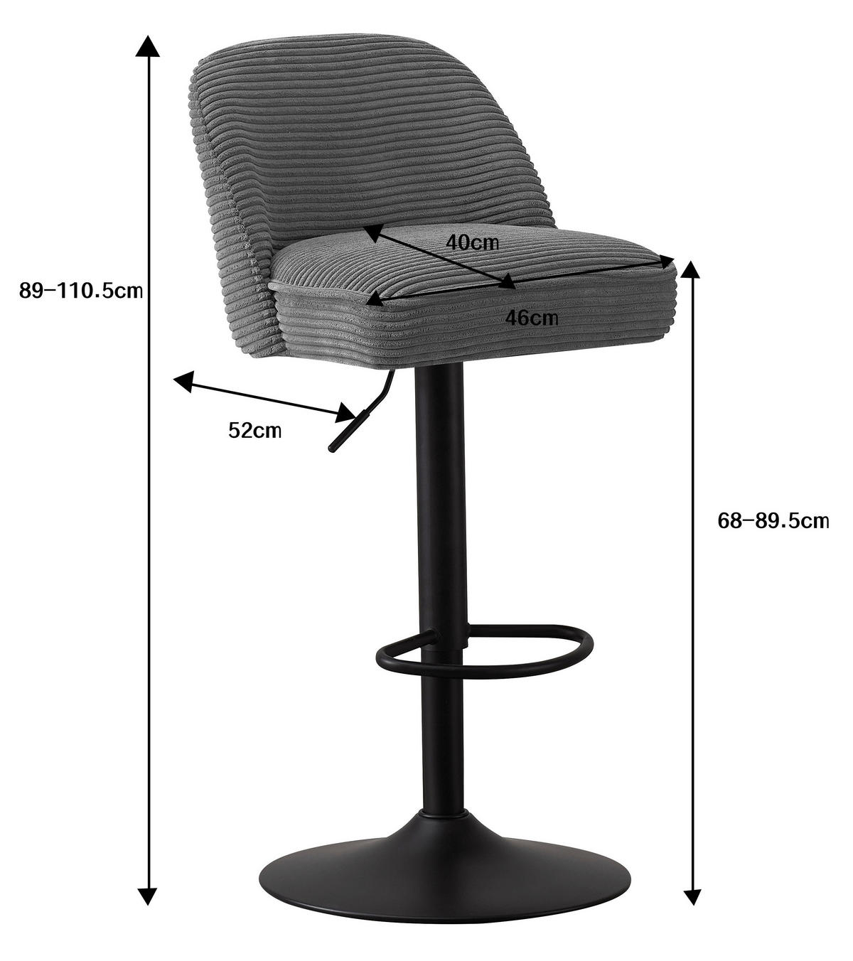 Kosmetikhocker mit 5 Rollen 38 x 48 x 70,5-86 cm, gebogene Rückenlehne und  höhenverstellbar, schwarz – acquista su Giordano Shop