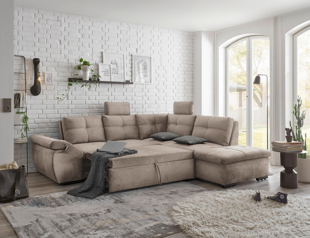 ECKSOFA in Mikrovelours Creme  - Creme/Schwarz, Konventionell, Kunststoff/Textil (265/217cm) - Carryhome