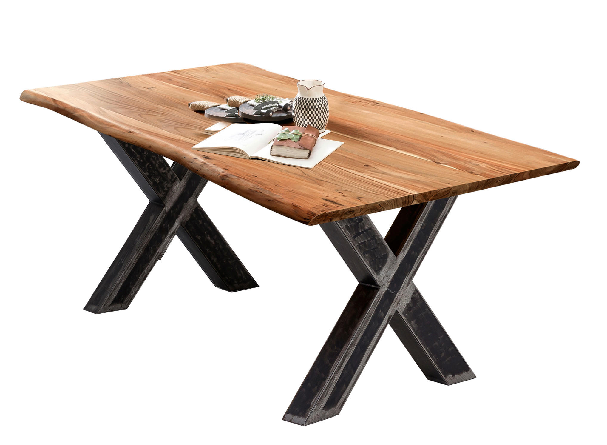 ESSTISCH 200/100/79 cm Echtholz  Holz, Metall rechteckig Naturfarben, Schwarz  - Schwarz/Naturfarben, MODERN, Holz/Metall (200/100/79cm) - MID.YOU
