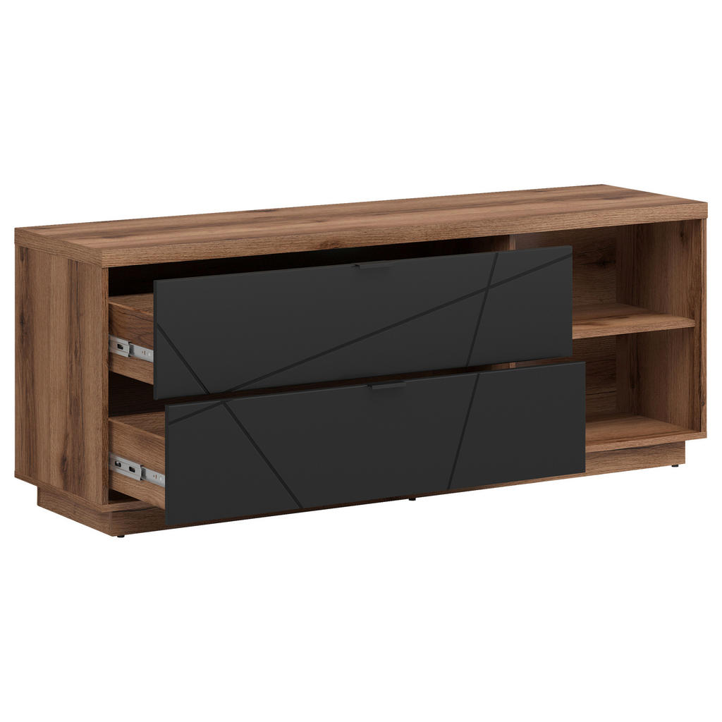 Thumbnail - Xxxl Lowboard, Schwarz, Eiche, Metall, 1 Fächer, 2 Schubladen, 156x61x42.5 cm, Wohnzimmer, Wohnwände, Lowboards