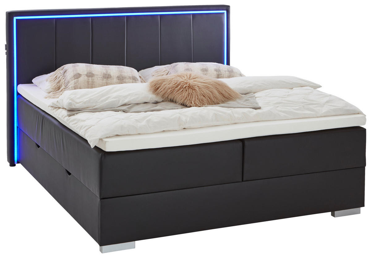 BOXSPRINGBETT 180/200 cm,  in Schwarz, Beleuchtung, Bettkasten, Topper, H3 + H3 = fest  - Silberfarben/Schwarz, Design, Holz/Textil (180/200cm) - Boxxx