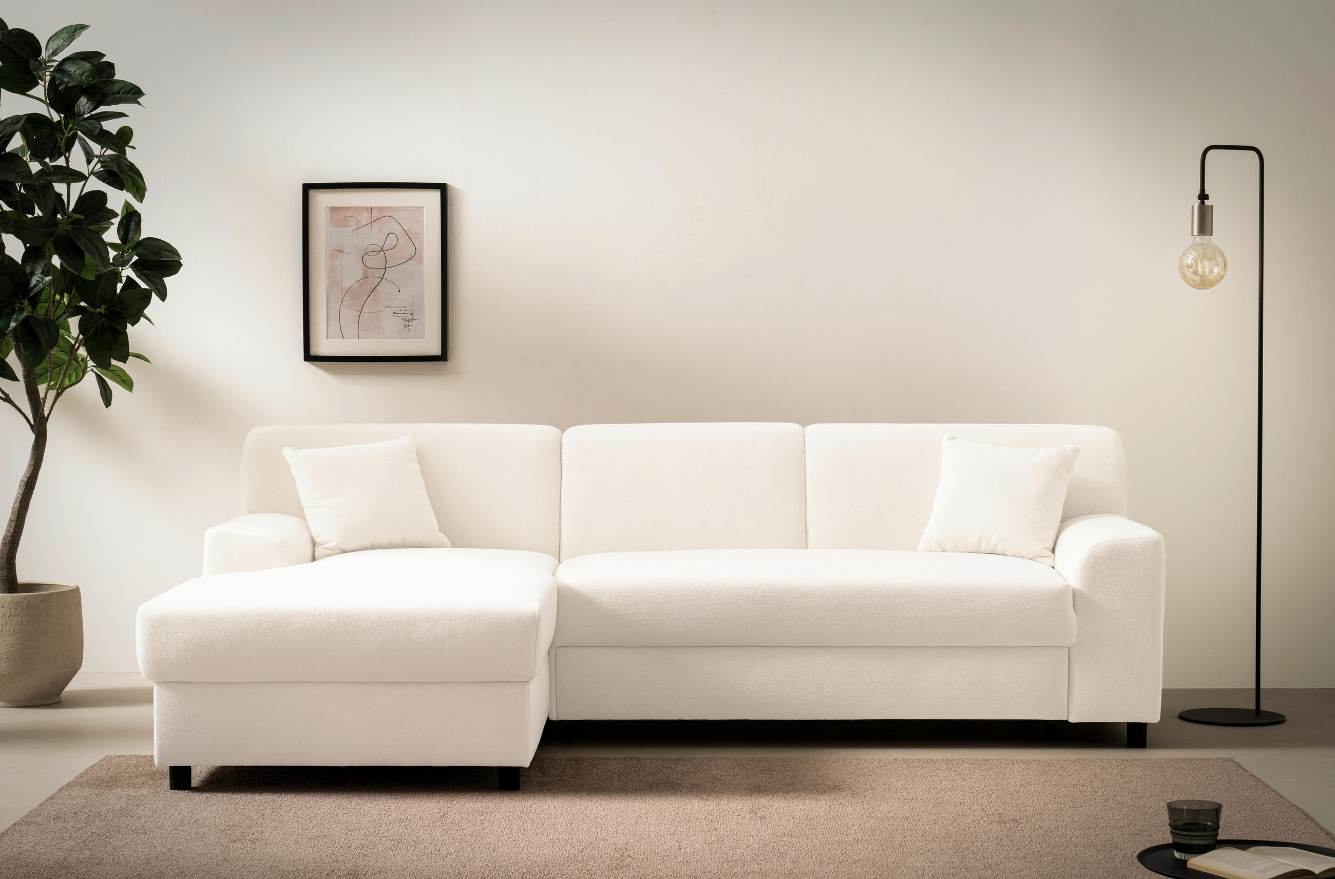 ECKSCHLAFSOFA  CAPRI 2 Creme Mikrofaser  - Creme/Schwarz, Basics, Kunststoff/Textil (146/241cm) - MID.YOU