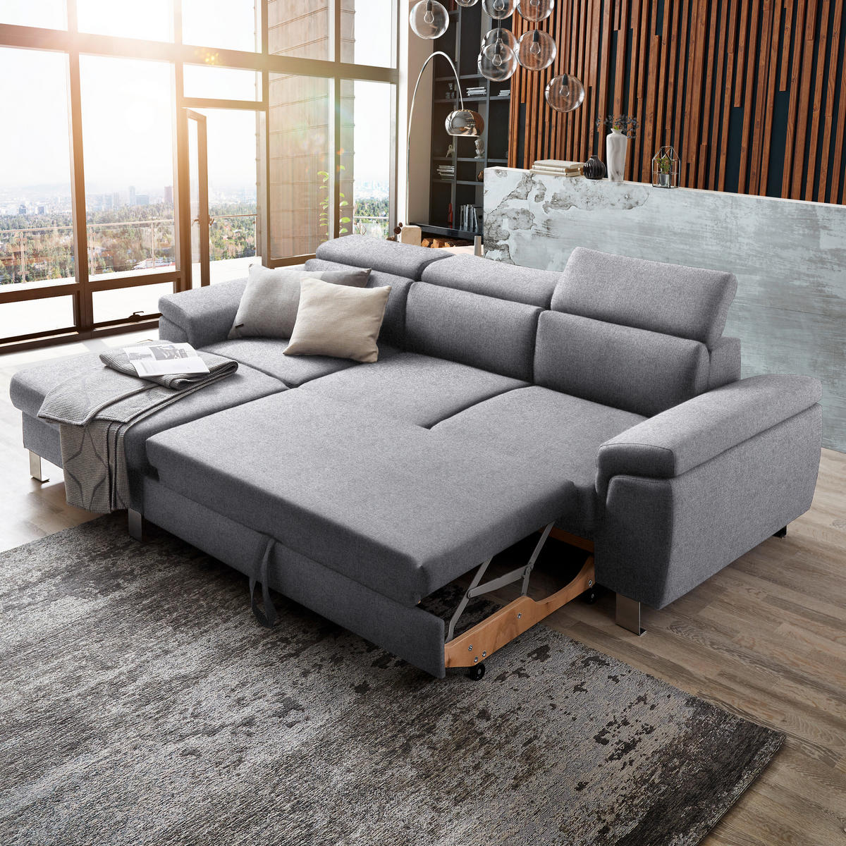 ECKSOFA inkl. Funktionen Hellgrau Webstoff  - Silberfarben/Hellgrau, Design, Textil/Metall (167/250cm) - Xora