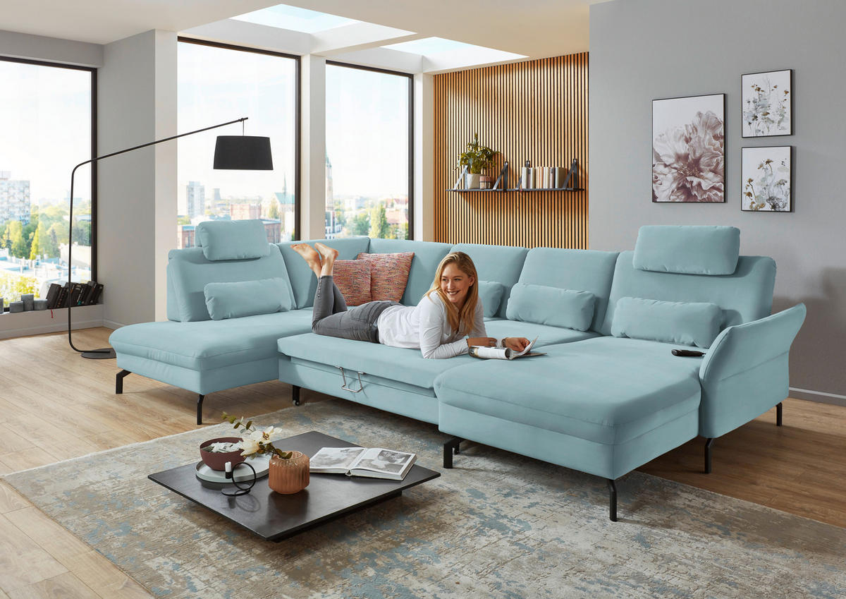 WOHNLANDSCHAFT in Velours Blau  - Blau/Schwarz, Design, Textil/Metall (220/335/179cm) - Beldomo System