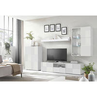 WOHNWAND 4-teilig  in Weiß Hochglanz  300/200/42 cm  - Weiß Hochglanz/Schwarz, Design, Glas/Holzwerkstoff (300/200/42cm) - MID.YOU